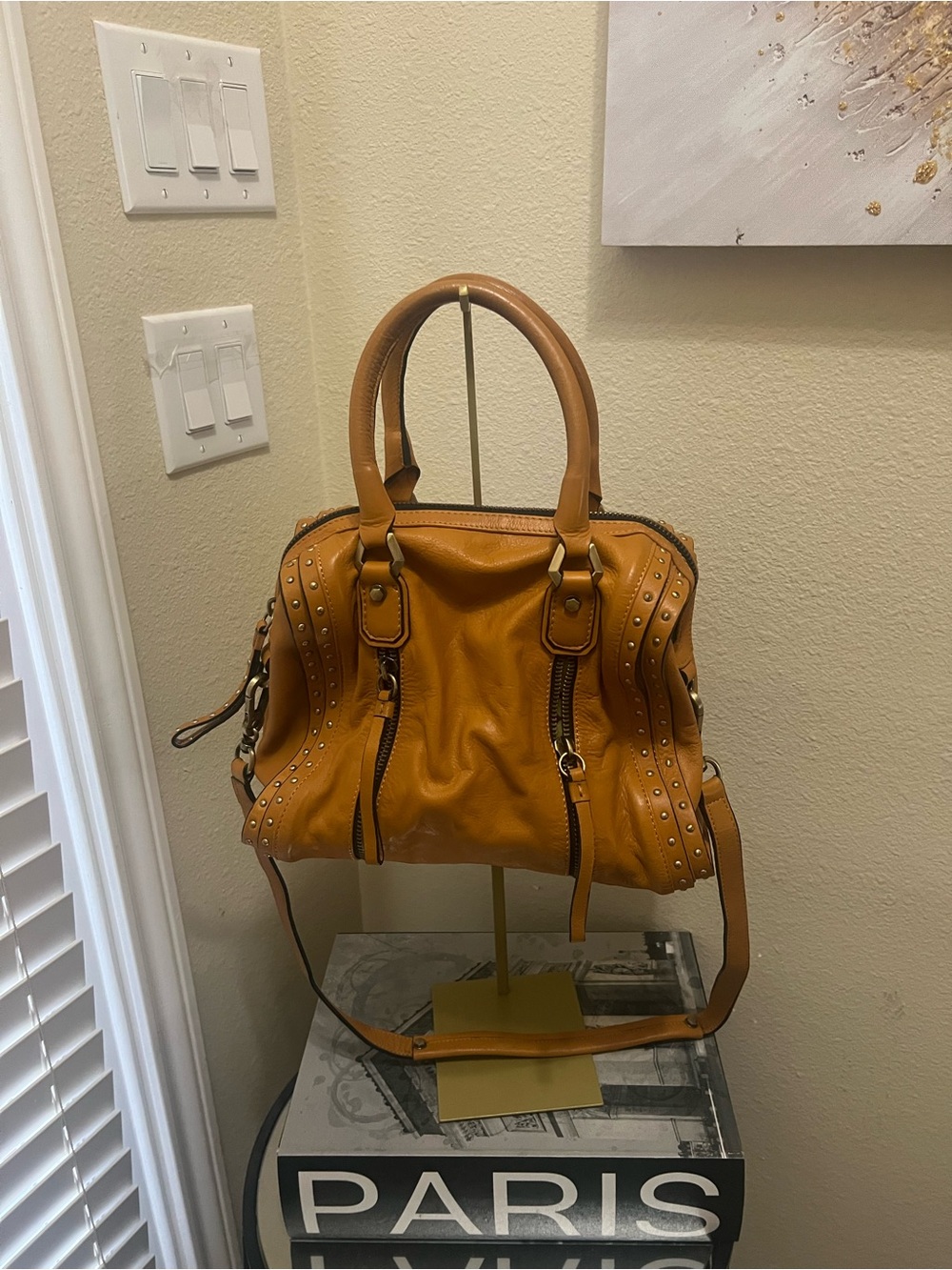 orYANY Mustard Tan Stud-Trim Shoulder Bag